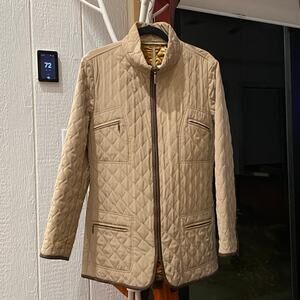 Dana Buchman Women's Size L Tan Quilted Stroller Coat Brown Leather Trim